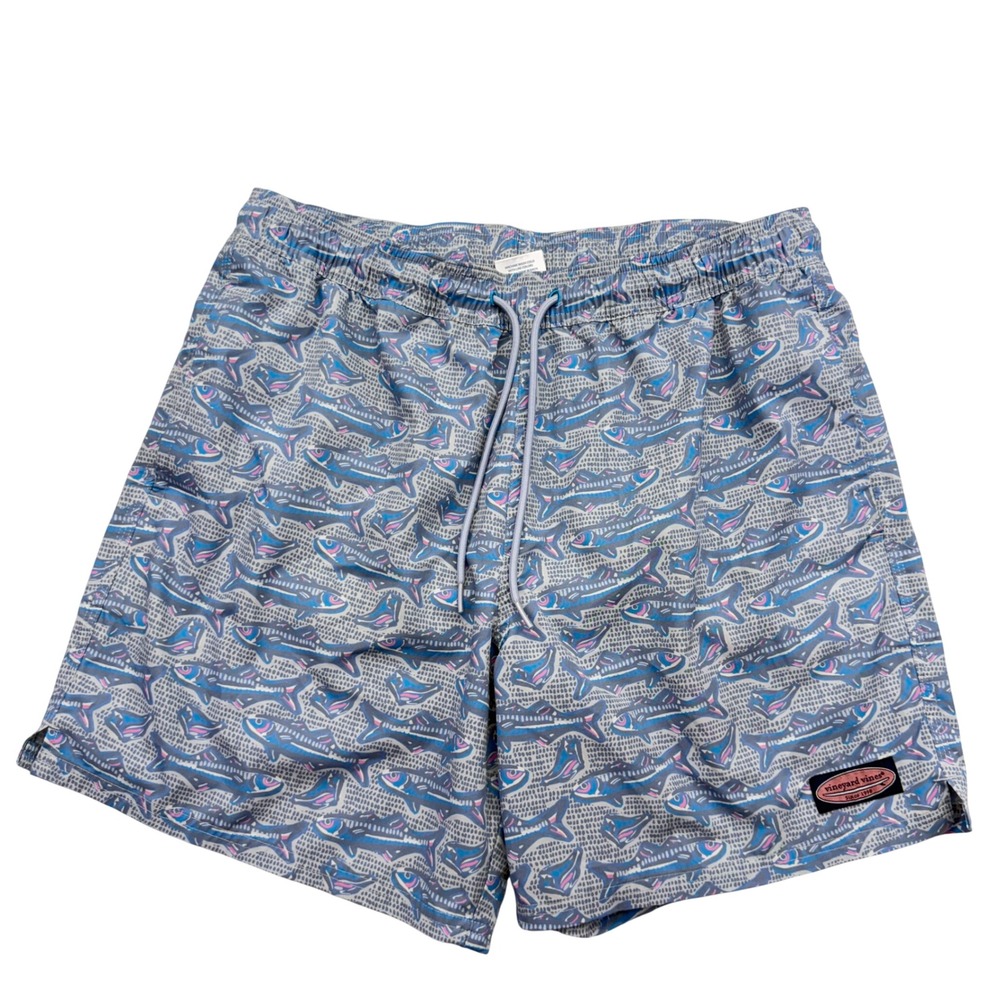 Vineyard Vines Swim Trunks Mens L Blue All over Fish Print Chappy Board Shorts